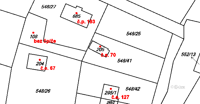 Vidovice 70, Kunice na parcele st. 205 v KÚ Dolní Lomnice u Kunic, Katastrální mapa