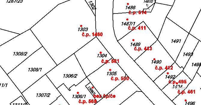 Ústí nad Labem-centrum 581, Ústí nad Labem na parcele st. 1304 v KÚ Ústí nad Labem, Katastrální mapa