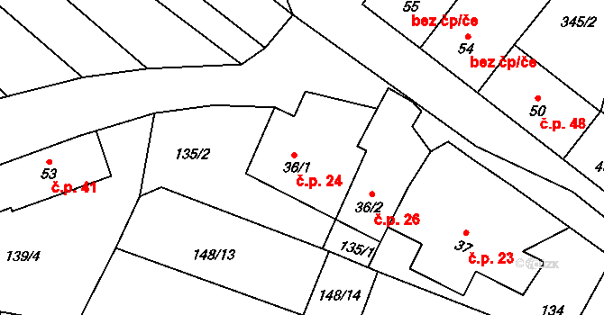 Pocoucov 24, Třebíč na parcele st. 36/1 v KÚ Pocoucov, Katastrální mapa