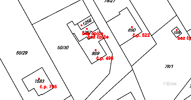 Halenkov 496 na parcele st. 889 v KÚ Halenkov, Katastrální mapa