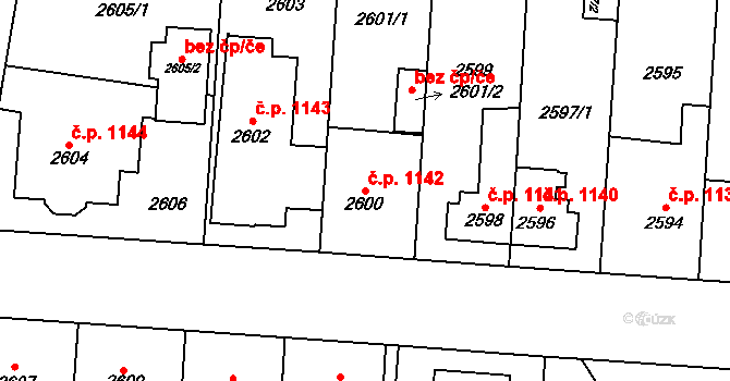 Horní Počernice 1142, Praha na parcele st. 2600 v KÚ Horní Počernice, Katastrální mapa