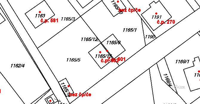 Vinoř 602, Praha na parcele st. 1165/15 v KÚ Vinoř, Katastrální mapa