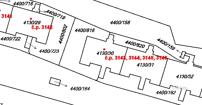 Modřany 3143,3144,3145,3146, Praha na parcele st. 4130/32 v KÚ Modřany, Katastrální mapa