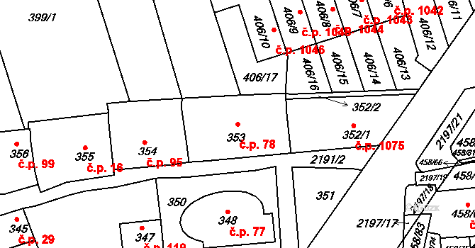 Střešovice 78, Praha na parcele st. 353 v KÚ Střešovice, Katastrální mapa
