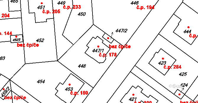 Kyje 178, Praha na parcele st. 447/1 v KÚ Kyje, Katastrální mapa