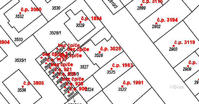 Chomutov 3025 na parcele st. 3526 v KÚ Chomutov I, Katastrální mapa