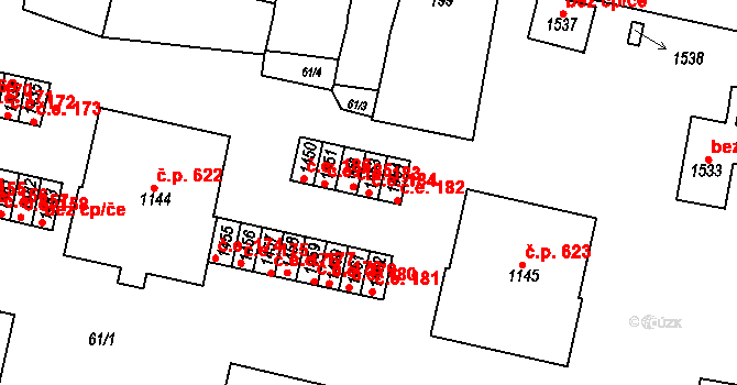 Rosice 184 na parcele st. 1453 v KÚ Rosice u Brna, Katastrální mapa