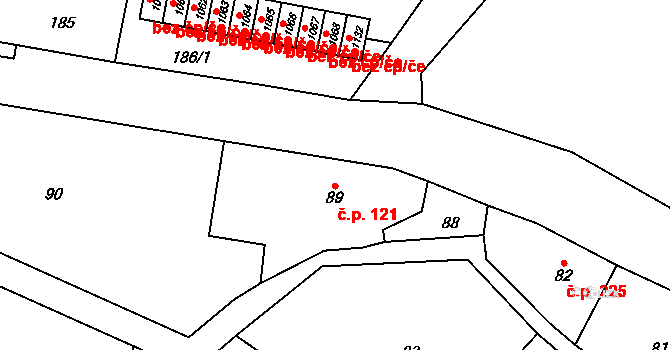 Chvaleč 121 na parcele st. 89 v KÚ Chvaleč, Katastrální mapa