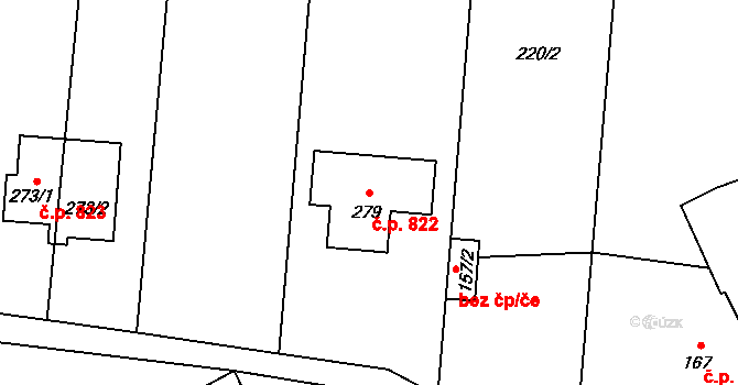 Loučany 822 na parcele st. 279 v KÚ Loučany na Hané, Katastrální mapa