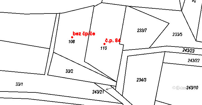 Olší nad Oslavou 84, Velké Meziříčí na parcele st. 110 v KÚ Olší nad Oslavou, Katastrální mapa