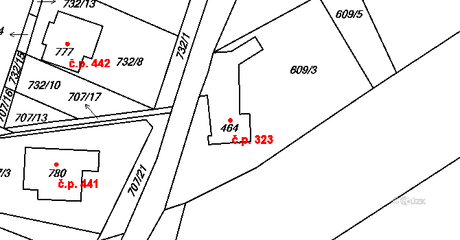 Nedvědice 323 na parcele st. 464 v KÚ Nedvědice pod Pernštejnem, Katastrální mapa