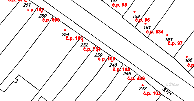 Hluk 105 na parcele st. 250 v KÚ Hluk, Katastrální mapa