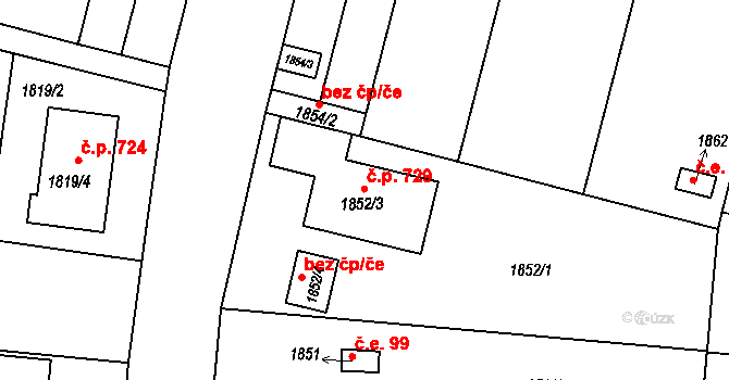 Horní Heršpice 729, Brno na parcele st. 1852/3 v KÚ Horní Heršpice, Katastrální mapa