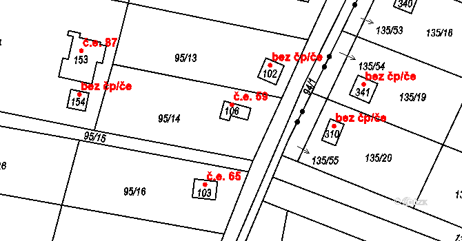 Třeboutice 59, Křešice na parcele st. 106 v KÚ Třeboutice, Katastrální mapa