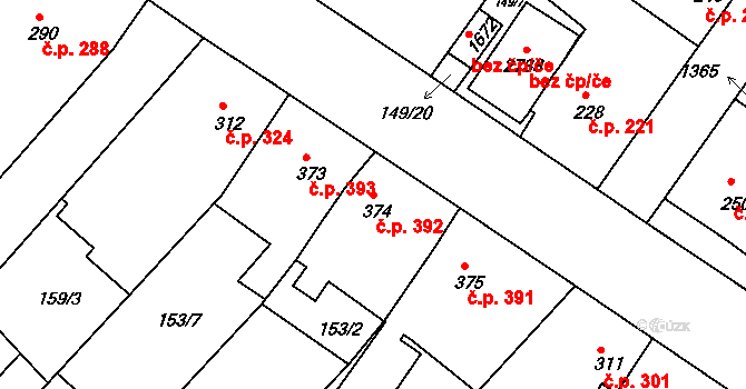Neratovice 392 na parcele st. 374 v KÚ Neratovice, Katastrální mapa
