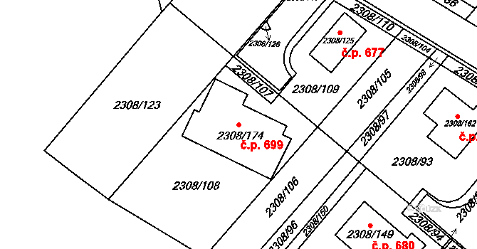 Obřany 699, Brno na parcele st. 2308/174 v KÚ Obřany, Katastrální mapa