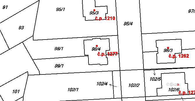 Mistřín 1277, Svatobořice-Mistřín na parcele st. 98/4 v KÚ Mistřín, Katastrální mapa