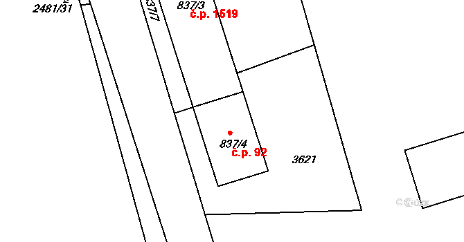 Brunka 92, Humpolec na parcele st. 837/4 v KÚ Humpolec, Katastrální mapa