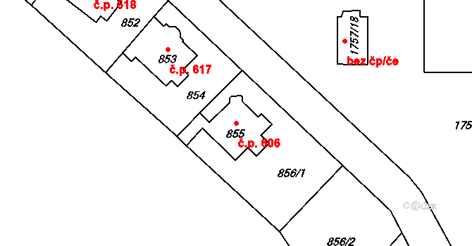 Trmice 606 na parcele st. 855 v KÚ Trmice, Katastrální mapa