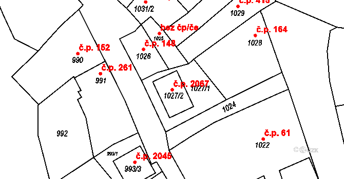 Kuřim 2067 na parcele st. 1027/2 v KÚ Kuřim, Katastrální mapa