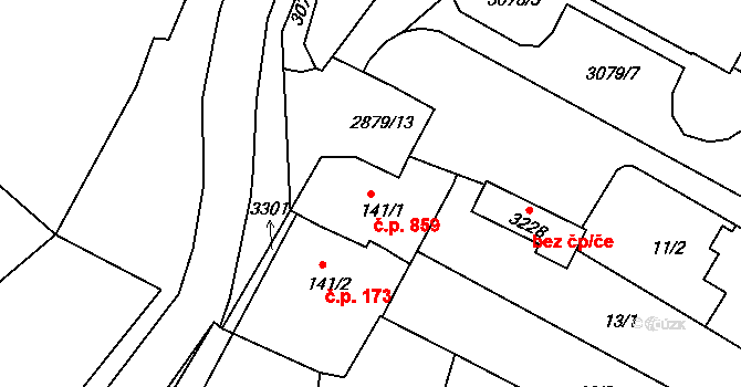 Bystřice pod Hostýnem 859 na parcele st. 141/1 v KÚ Bystřice pod Hostýnem, Katastrální mapa