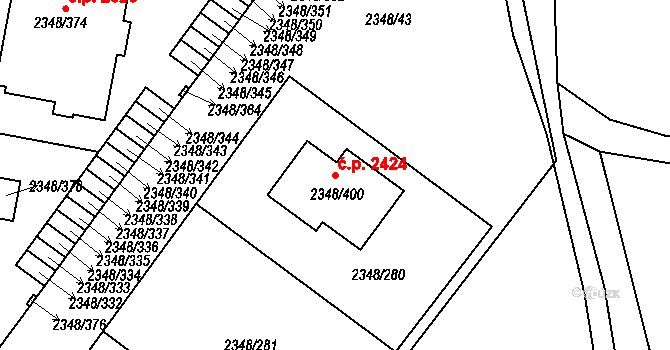 Pelhřimov 2424 na parcele st. 2348/400 v KÚ Pelhřimov, Katastrální mapa
