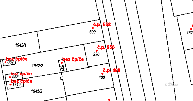 Hrušovany nad Jevišovkou 550 na parcele st. 930 v KÚ Hrušovany nad Jevišovkou, Katastrální mapa