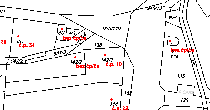 Litvínovice 10 na parcele st. 142/1 v KÚ Litvínovice, Katastrální mapa