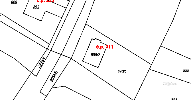 Medlov 311 na parcele st. 890/2 v KÚ Medlov u Uničova, Katastrální mapa