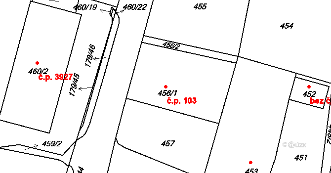 Rýnovice 103, Jablonec nad Nisou na parcele st. 456/1 v KÚ Rýnovice, Katastrální mapa
