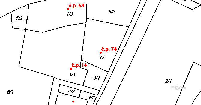 Růžená 74 na parcele st. 87 v KÚ Růžená, Katastrální mapa
