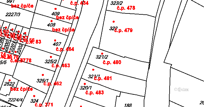 Kyjov 480 na parcele st. 321/2 v KÚ Kyjov, Katastrální mapa