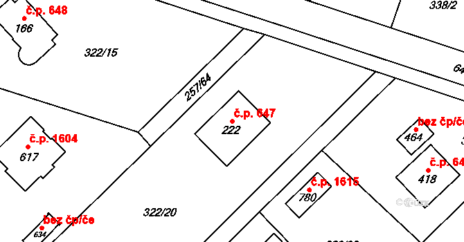 Struhařov 647, Kamenice na parcele st. 222 v KÚ Štiřín, Katastrální mapa
