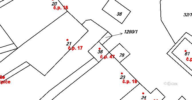 Dlouhá Lhota 47 na parcele st. 38 v KÚ Dlouhá Lhota, Katastrální mapa