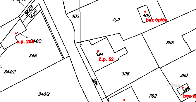 Chaloupky 52 na parcele st. 394 v KÚ Chaloupky, Katastrální mapa