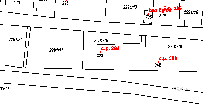 Hudlice 284 na parcele st. 323 v KÚ Hudlice, Katastrální mapa