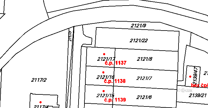 Hulín 1137 na parcele st. 2121/17 v KÚ Hulín, Katastrální mapa