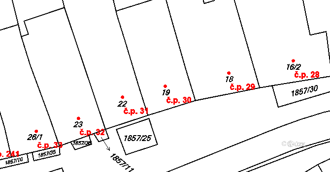 Přáslavice 30 na parcele st. 19 v KÚ Přáslavice u Olomouce, Katastrální mapa