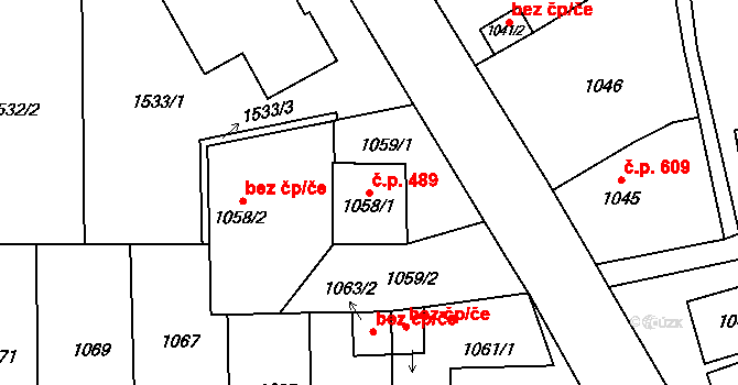 Jilemnice 489 na parcele st. 1058/1 v KÚ Jilemnice, Katastrální mapa