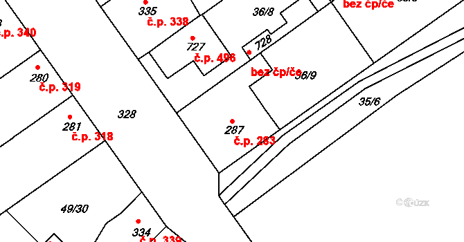 Litol 283, Lysá nad Labem na parcele st. 287 v KÚ Litol, Katastrální mapa