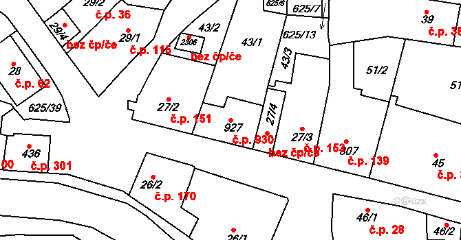 Podklášteří 930, Třebíč na parcele st. 927 v KÚ Podklášteří, Katastrální mapa