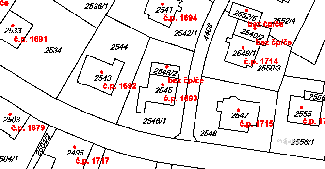 Teplice 1693 na parcele st. 2545 v KÚ Teplice, Katastrální mapa