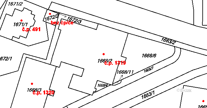 Braník 1319, Praha na parcele st. 1668/2 v KÚ Braník, Katastrální mapa