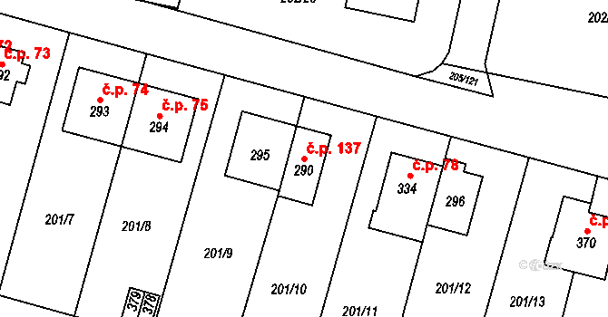 Roudnička 137, Hradec Králové na parcele st. 290 v KÚ Roudnička, Katastrální mapa