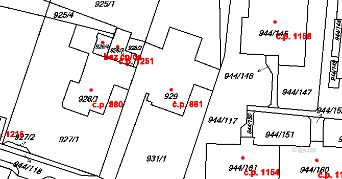 Šumbark 881, Havířov na parcele st. 929 v KÚ Šumbark, Katastrální mapa