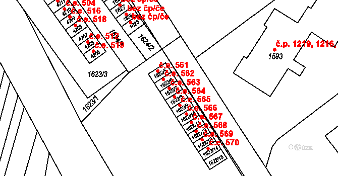 Hluk 563 na parcele st. 1622/7 v KÚ Hluk, Katastrální mapa