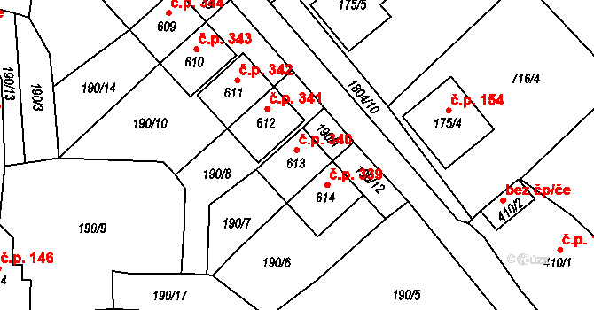 Ryžoviště 340 na parcele st. 613 v KÚ Ryžoviště, Katastrální mapa
