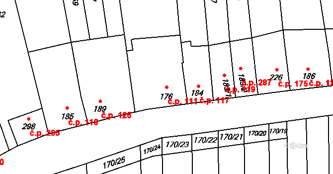 Louky 111, Zlín na parcele st. 176 v KÚ Louky nad Dřevnicí, Katastrální mapa