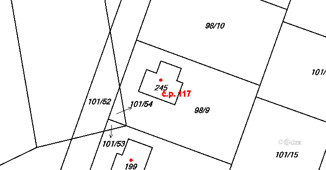 Černá u Bohdanče 117 na parcele st. 245 v KÚ Černá u Bohdanče, Katastrální mapa