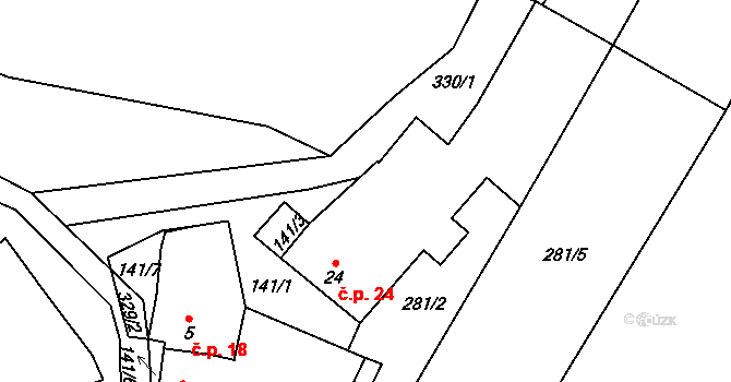 Hrušova Lhota 24, Přehořov na parcele st. 24 v KÚ Hrušova Lhota, Katastrální mapa